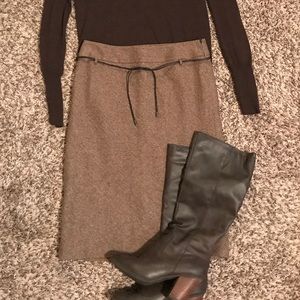 LOFT Brown Tweed Pencil Skirt with Leather Tie